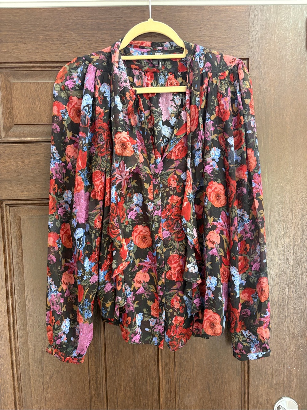 PAIGE Black Floral Tie-Neck Blouse with Red, Pink & Blue Flowers